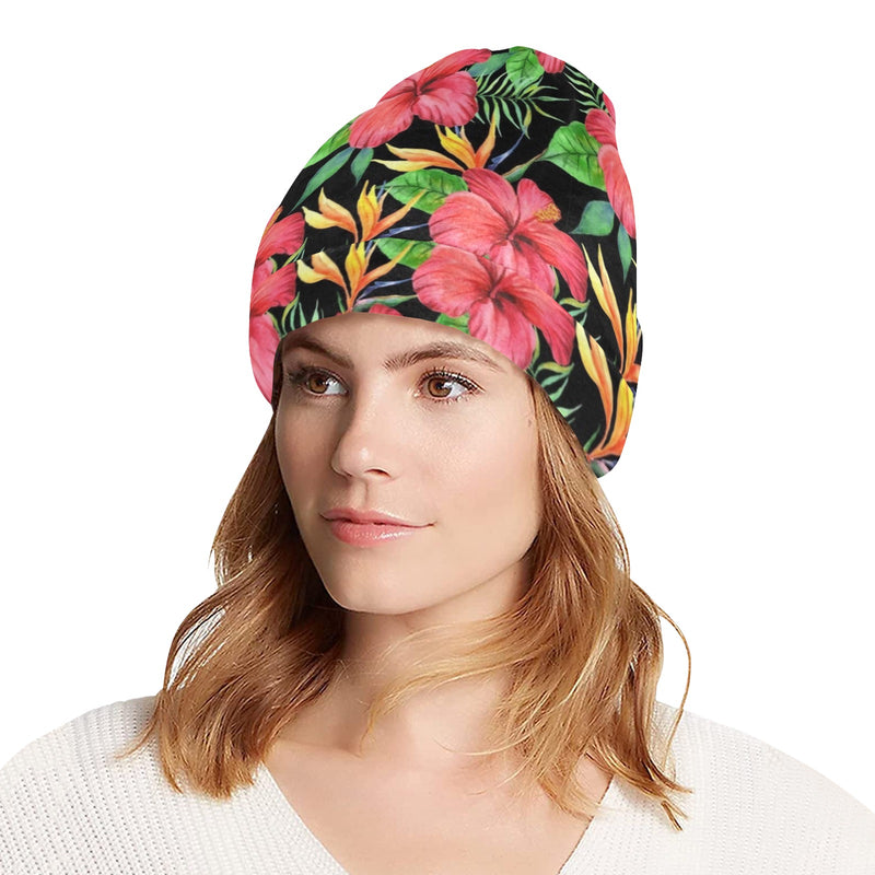 Red Hibiscus Pattern Print Design HB07 Unisex Beanie