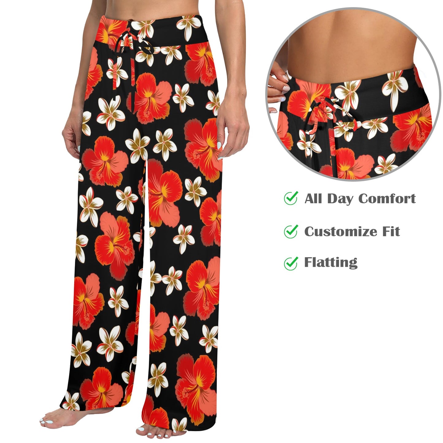 Red Hibiscus Pattern Print Design HB022 Women's Wide Leg Lounge Pants