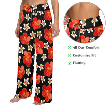 Red Hibiscus Pattern Print Design HB022 Women's Wide Leg Lounge Pants