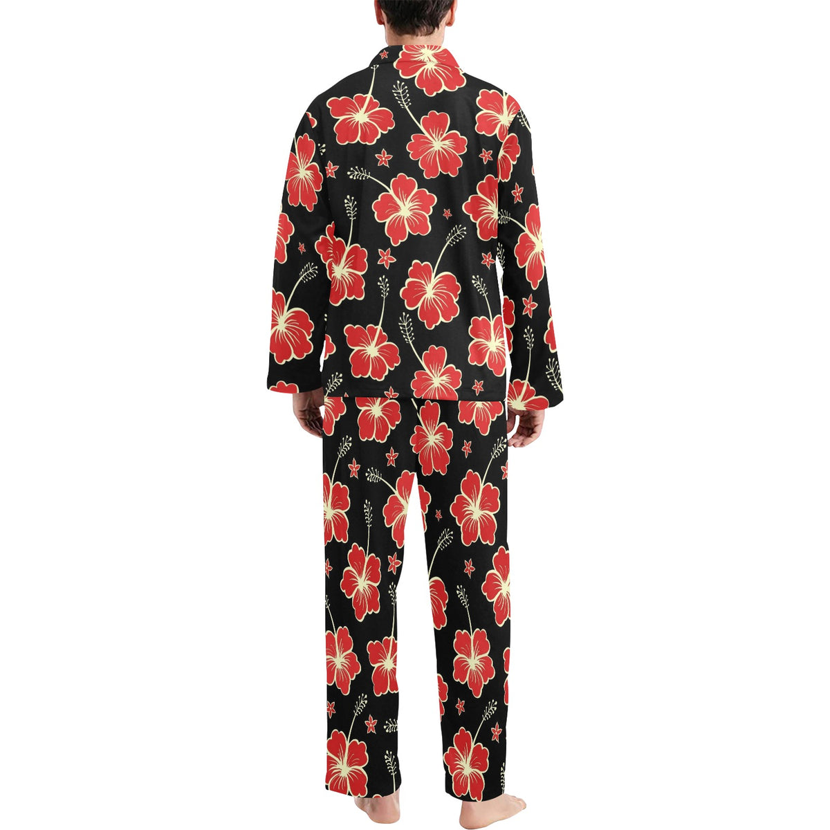 Red Hibiscus Pattern Print Design HB021 Men's Long Sleeve Pajama Set