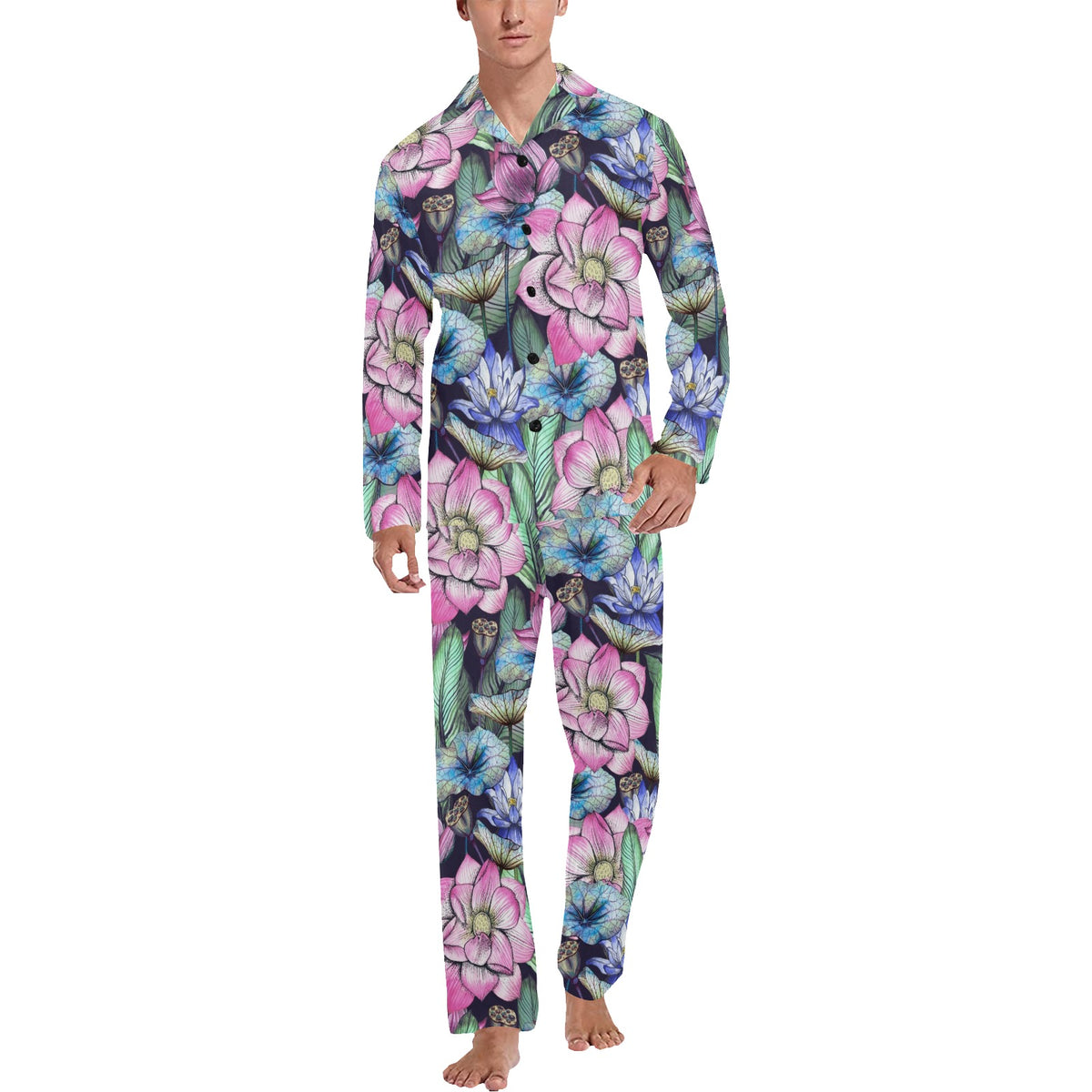 Water Lily Pattern Print Design WL07 Men's Long Sleeve Pajama Set