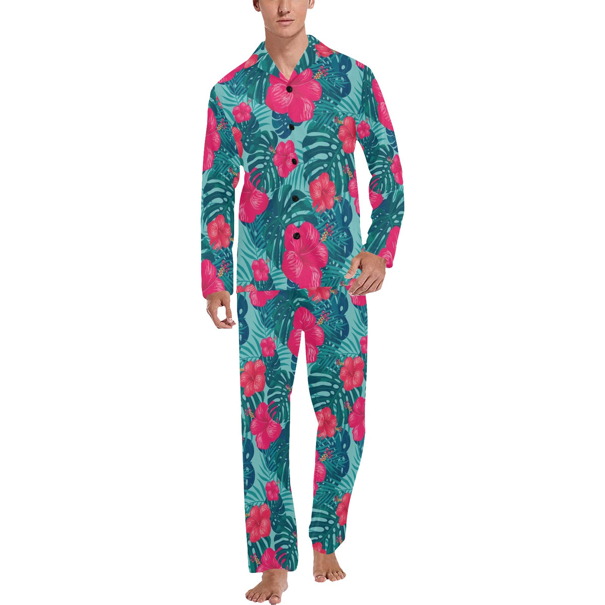 Red Hibiscus Pattern Print Design HB017 Men's Long Sleeve Pajama Set