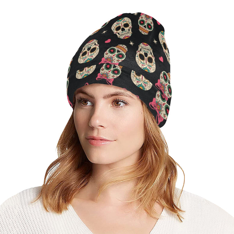 Sugar Skull Pink Bow Themed Print Unisex Beanie