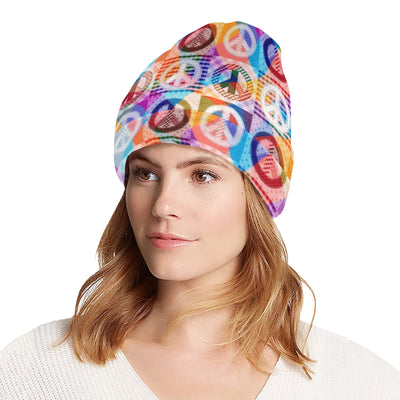 Peace Sign Patchwork Design Print Unisex Beanie