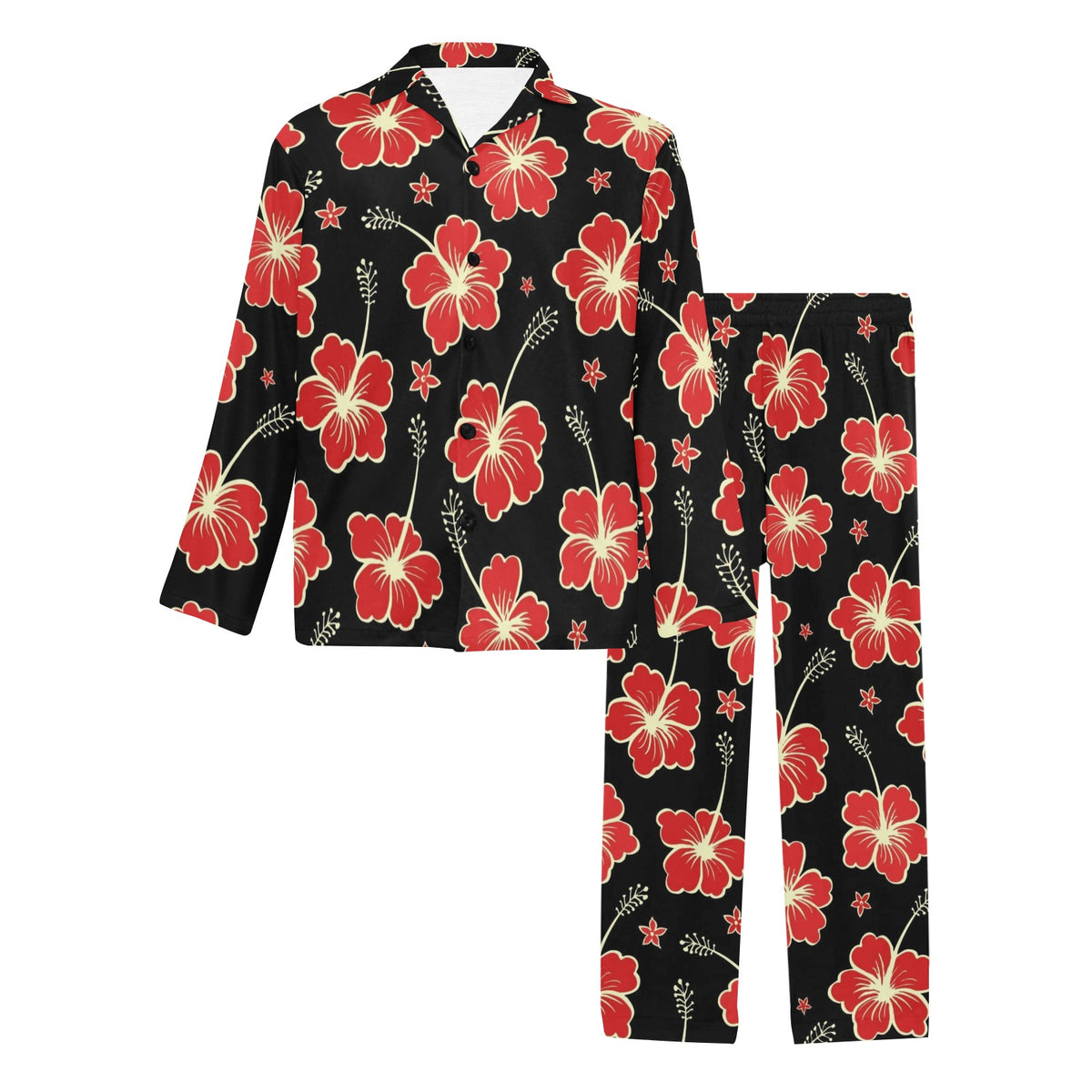 Red Hibiscus Pattern Print Design HB021 Men's Long Sleeve Pajama Set