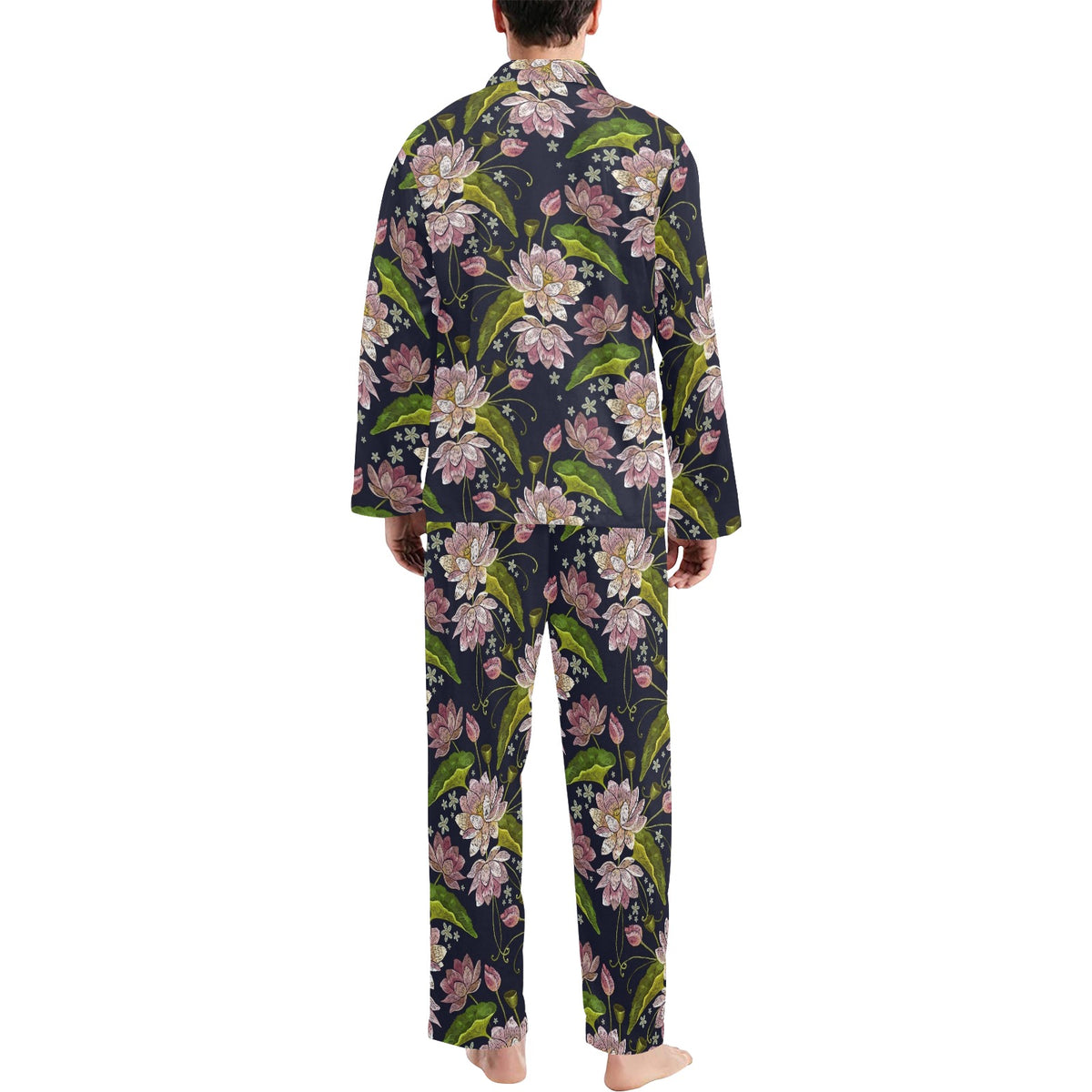 lotus Embroidered Pattern Print Design LO06 Men's Long Sleeve Pajama Set
