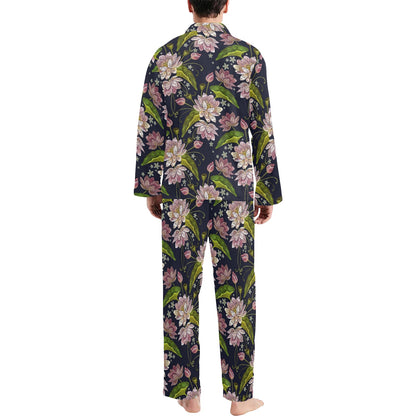 lotus Embroidered Pattern Print Design LO06 Men's Long Sleeve Pajama Set