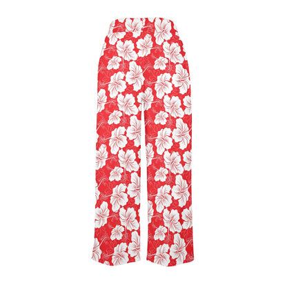 Flower Hawaiian Hibiscus Red Background Print Women's Wide Leg Lounge Pants