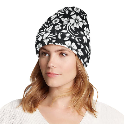 Floral Black White Themed Print Unisex Beanie