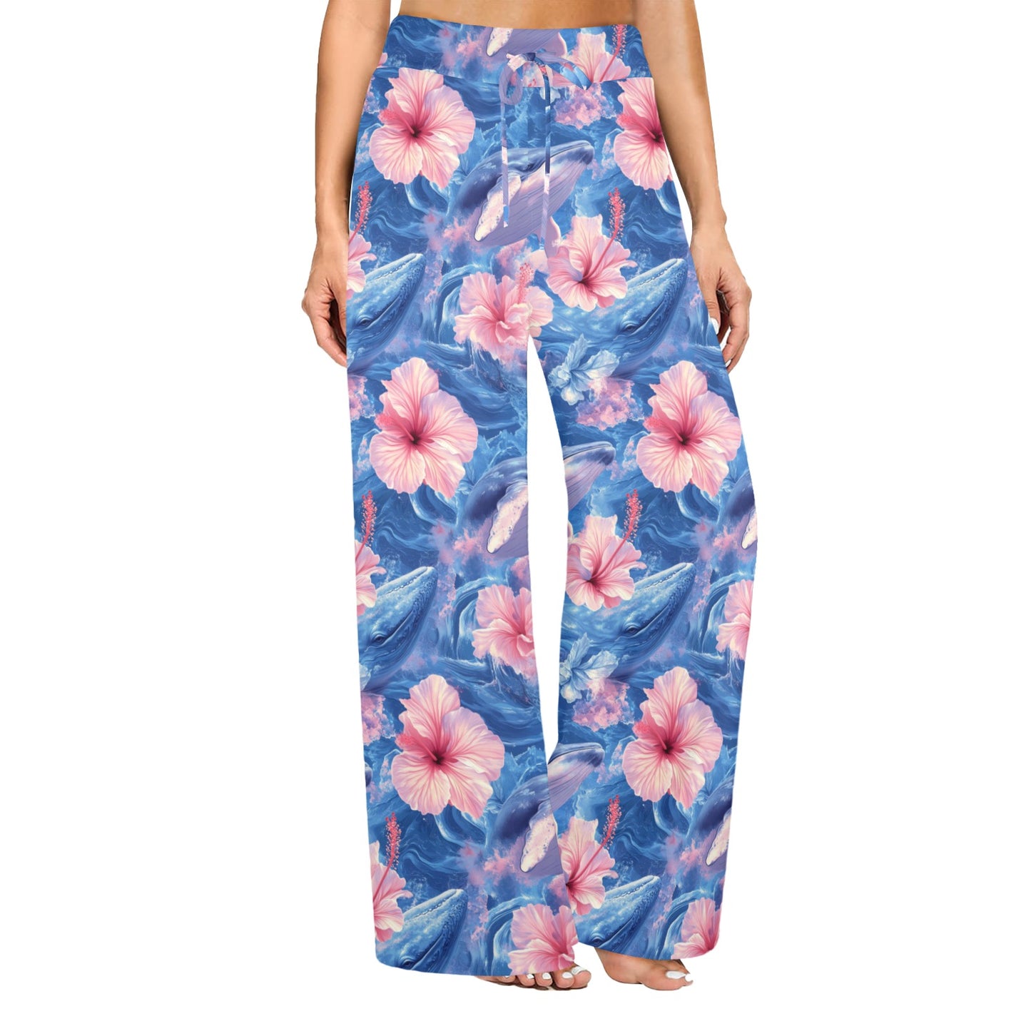 Tropical Whale and Hibiscus Flowers Seamless Pattern Women's Wide Leg Lounge Pants