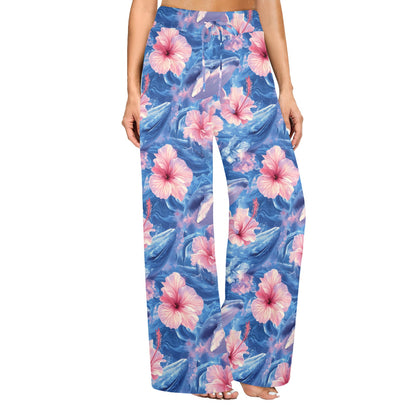 Tropical Whale and Hibiscus Flowers Seamless Pattern Women's Wide Leg Lounge Pants