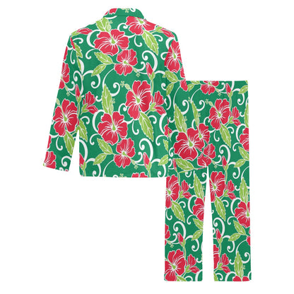 Red Hibiscus Pattern Print Design HB019 Men's Long Sleeve Pajama Set