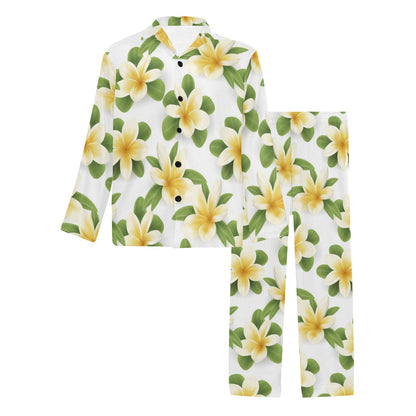 Yellow Plumeria Pattern Print Design PM012 Men's Long Sleeve Pajama Set