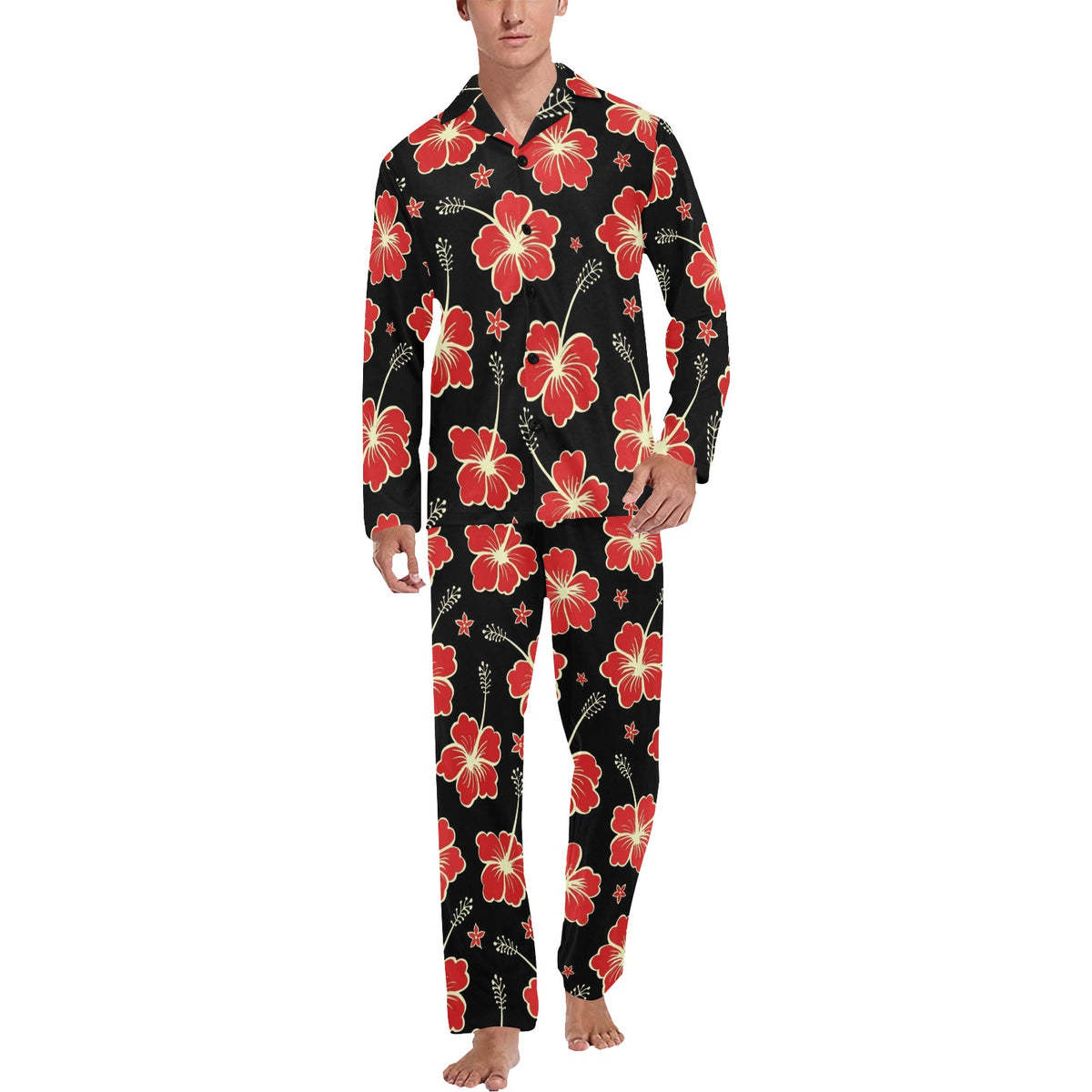 Red Hibiscus Pattern Print Design HB021 Men's Long Sleeve Pajama Set