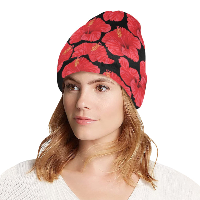 Hibiscus Red Pattern Print Design LKS306 Unisex Beanie