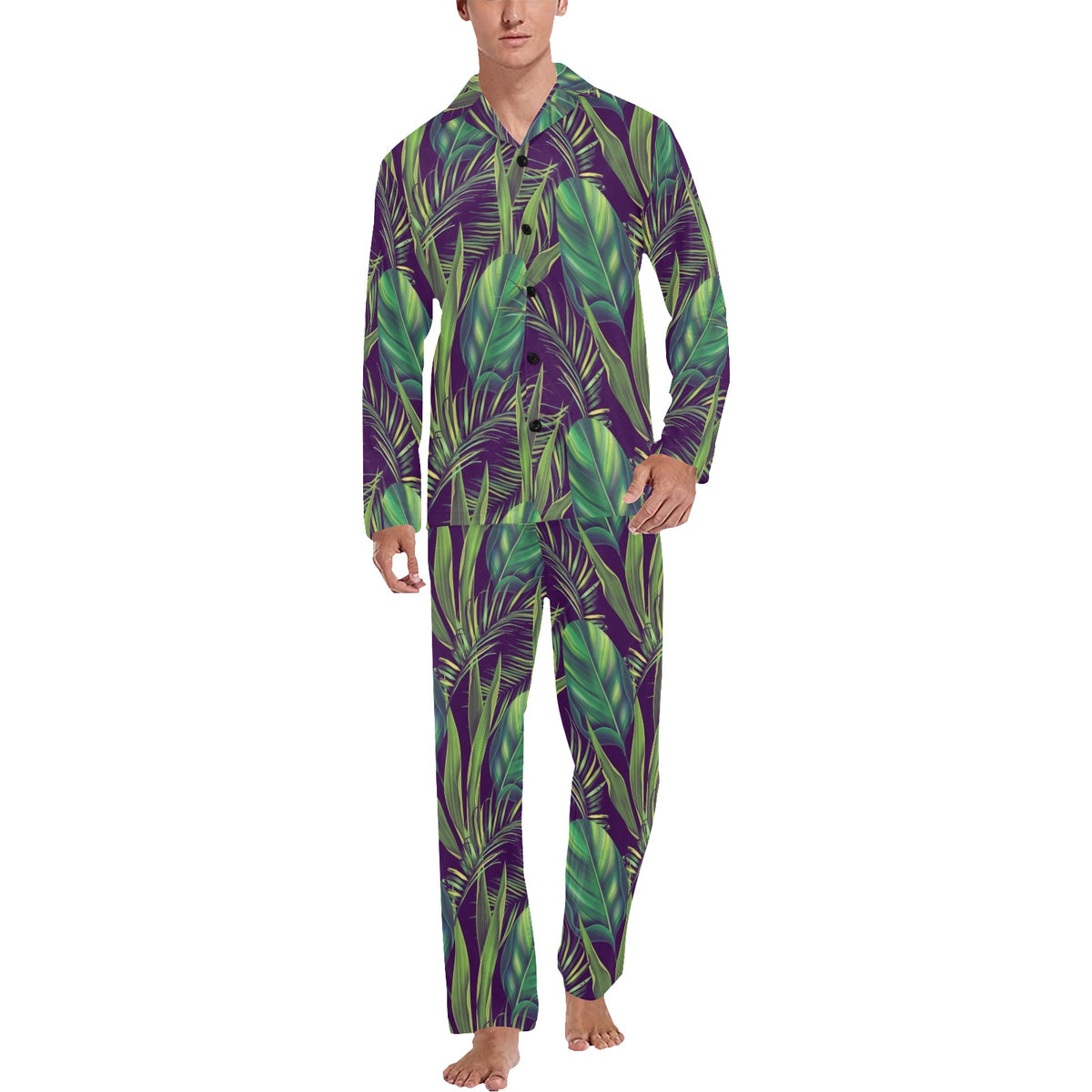 Palm Leaves Pattern Print Design PL03 Men's Long Sleeve Pajama Set