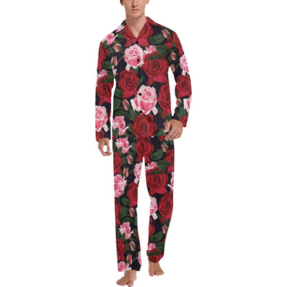 Rose Red Pink Pattern Print Design RO01 Men's Long Sleeve Pajama Set