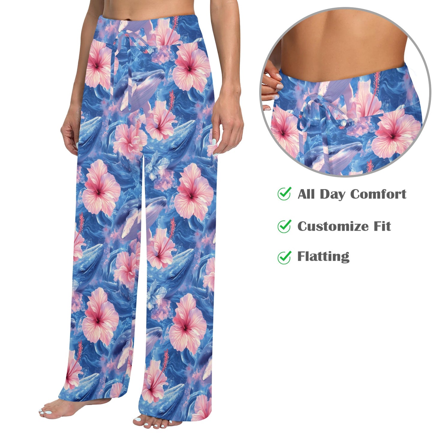 Tropical Whale and Hibiscus Flowers Seamless Pattern Women's Wide Leg Lounge Pants