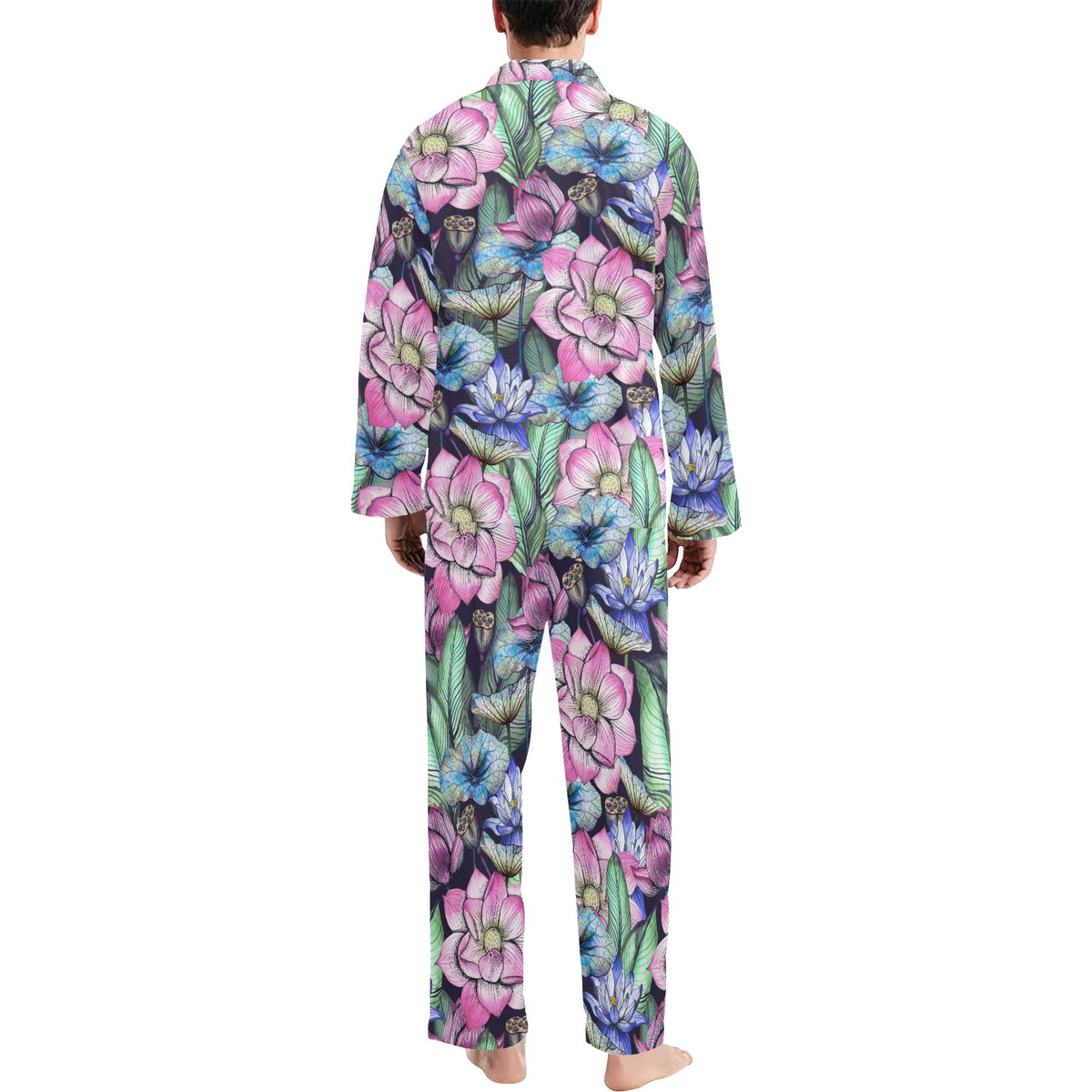 Water Lily Pattern Print Design WL07 Men's Long Sleeve Pajama Set