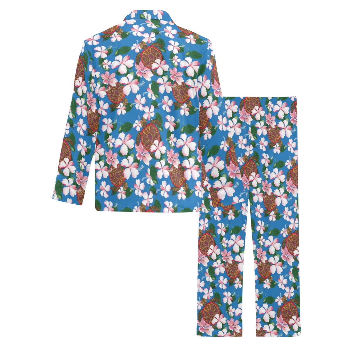 Sea Turtle Pink Hibiscus Hawaiian Print Men's Long Sleeve Pajama Set