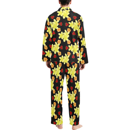 Yellow Plumeria Pattern Print Design PM04 Men's Long Sleeve Pajama Set
