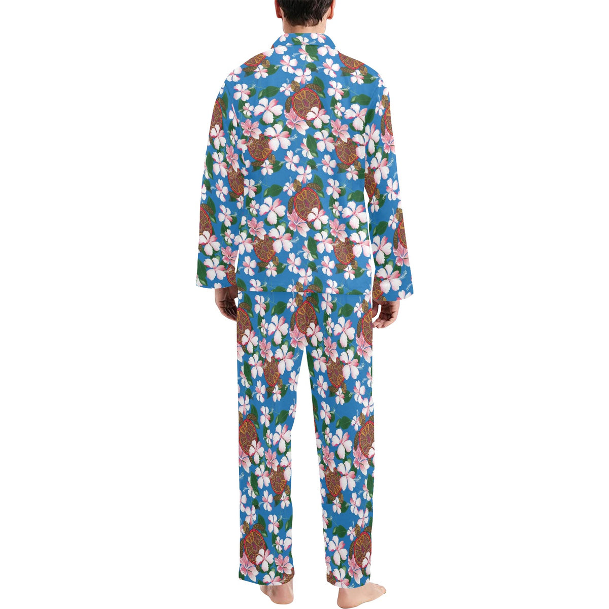 Sea Turtle Pink Hibiscus Hawaiian Print Men's Long Sleeve Pajama Set