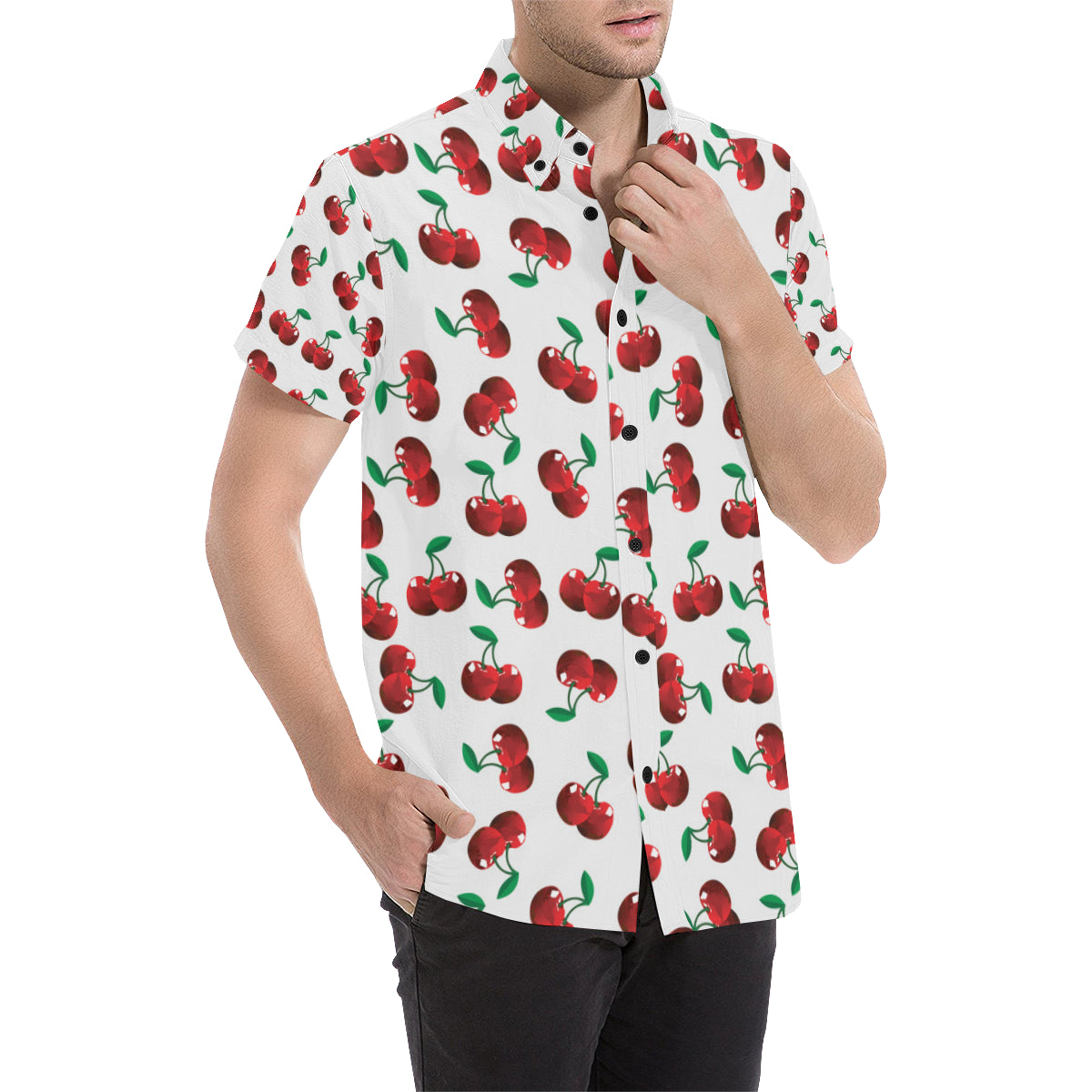 Cherry Pattern Print Design 01 Men's Short Sleeve Button Up Shirt
