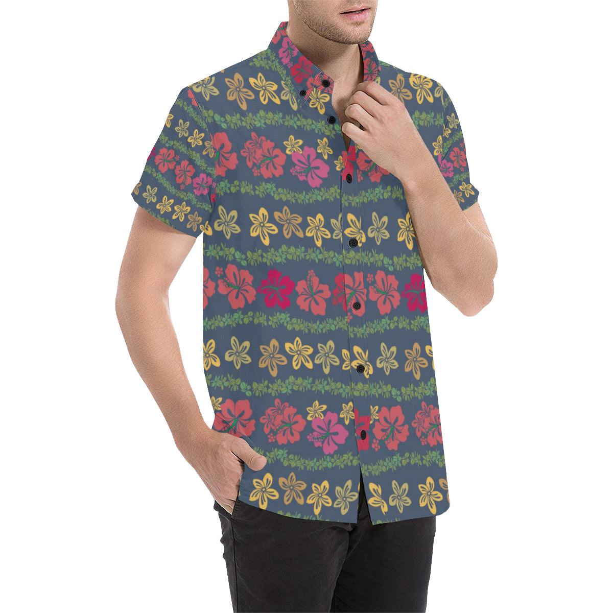 Hawaiian Themed Pattern Print Design H018 Men's Short Sleeve Button Up Shirt