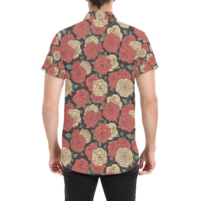 Camellia Pattern Print Design CM01 Men's Short Sleeve Button Up Shirt