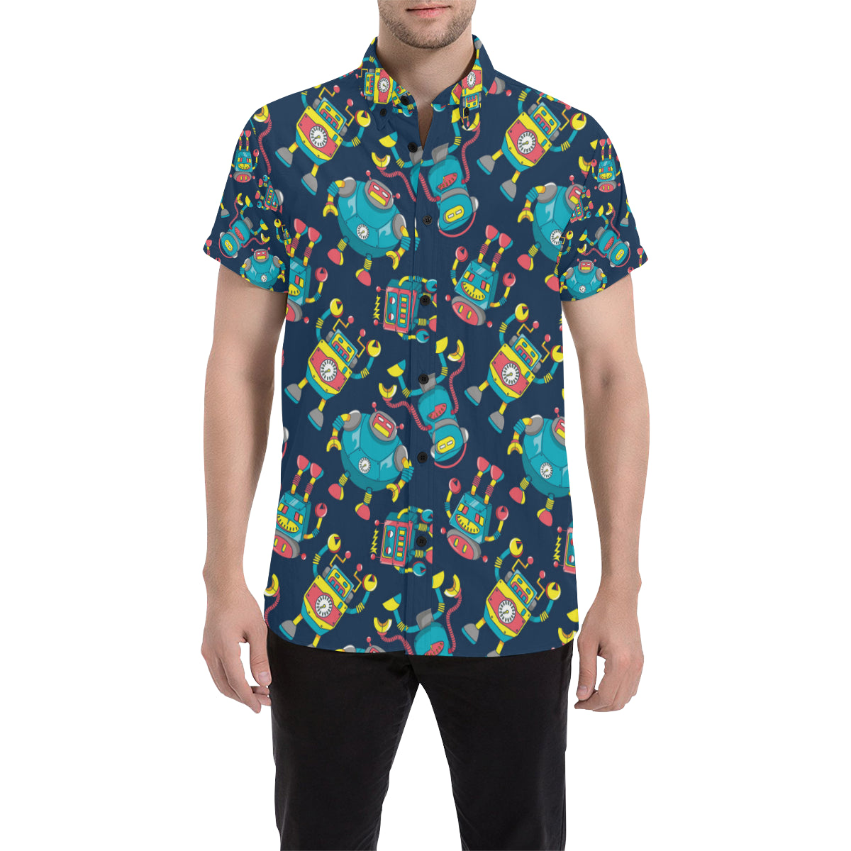 Robot Pattern Print Design A05 Men's Short Sleeve Button Up Shirt