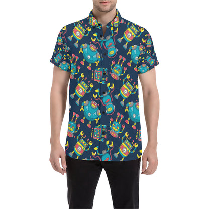 Robot Pattern Print Design A05 Men's Short Sleeve Button Up Shirt
