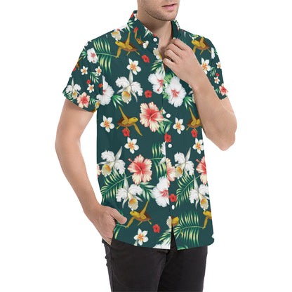 Hawaiian Flower Design with SeaTurtle Print Men's Short Sleeve Button Up Shirt