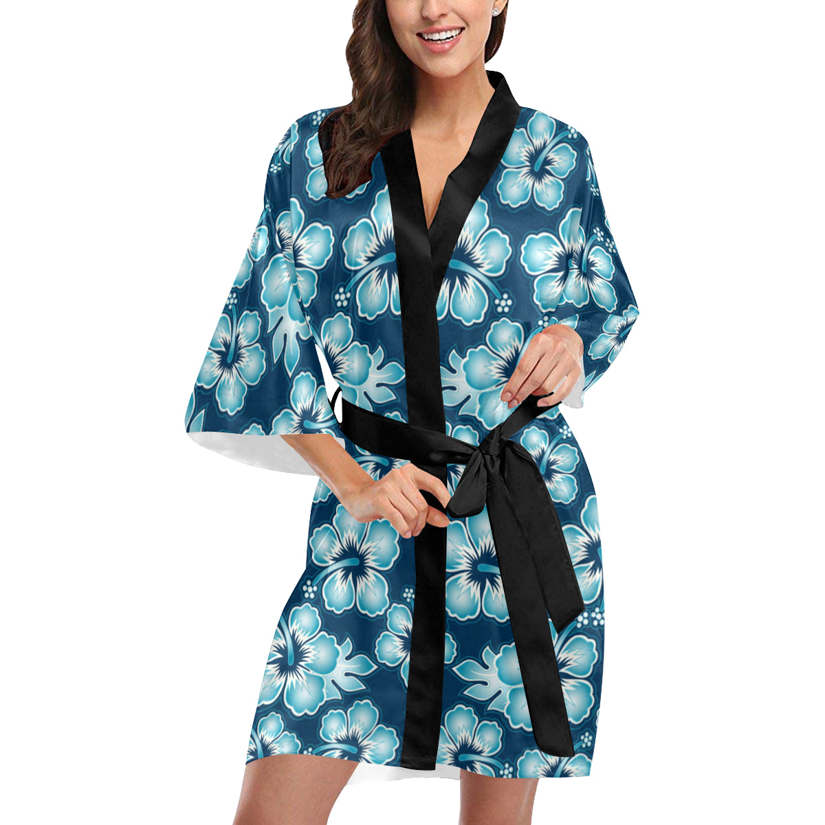 Blue Hibiscus Pattern Print Design HB011 Women Kimono Robe