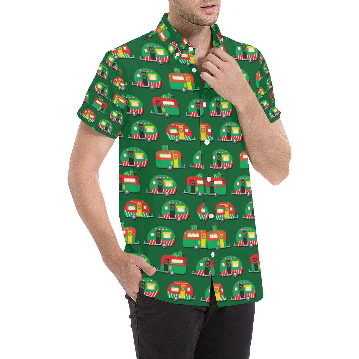 Camper Camping Christmas Themed Print Men's Short Sleeve Button Up Shirt