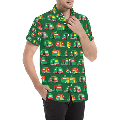 Camper Camping Christmas Themed Print Men's Short Sleeve Button Up Shirt