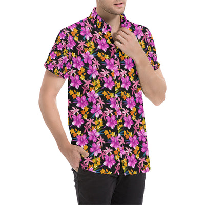 Tropical Folower Pink Hibiscus Print Men's Short Sleeve Button Up Shirt