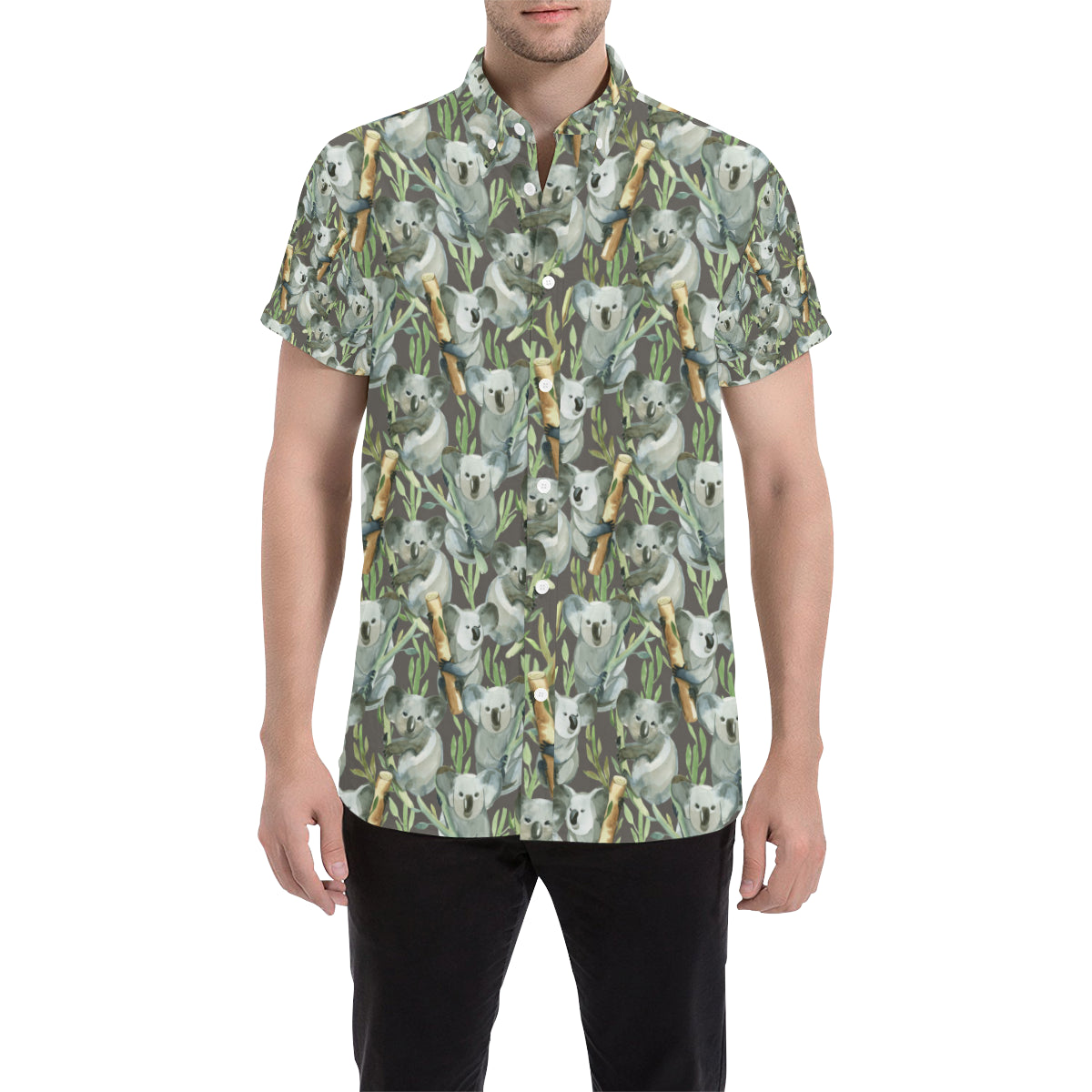 Koala Pattern Design Print Men's Short Sleeve Button Up Shirt