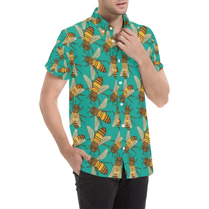 Bee Pattern Print Design BEE04 Men's Short Sleeve Button Up Shirt