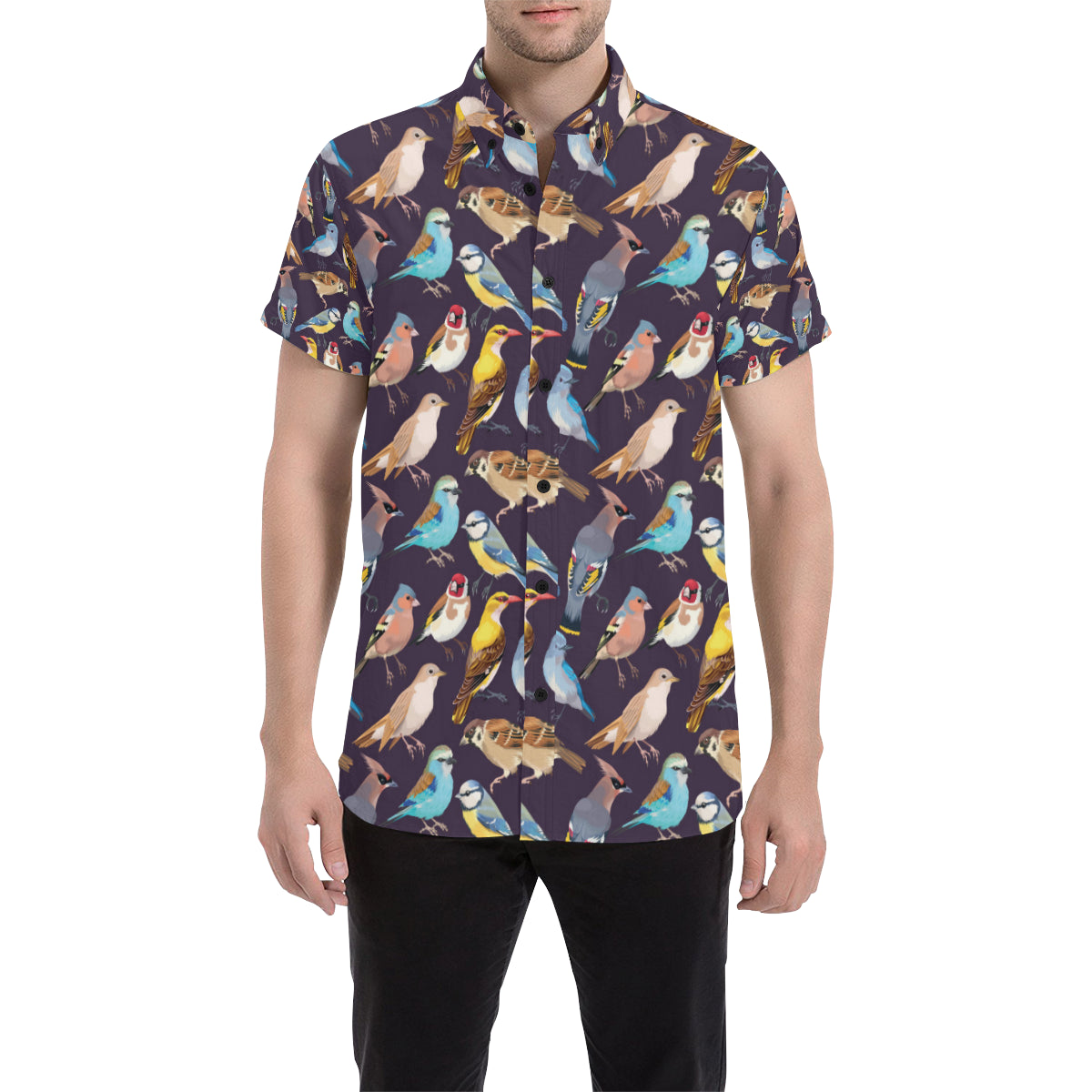 Bird Cute Print Pattern Men's Short Sleeve Button Up Shirt