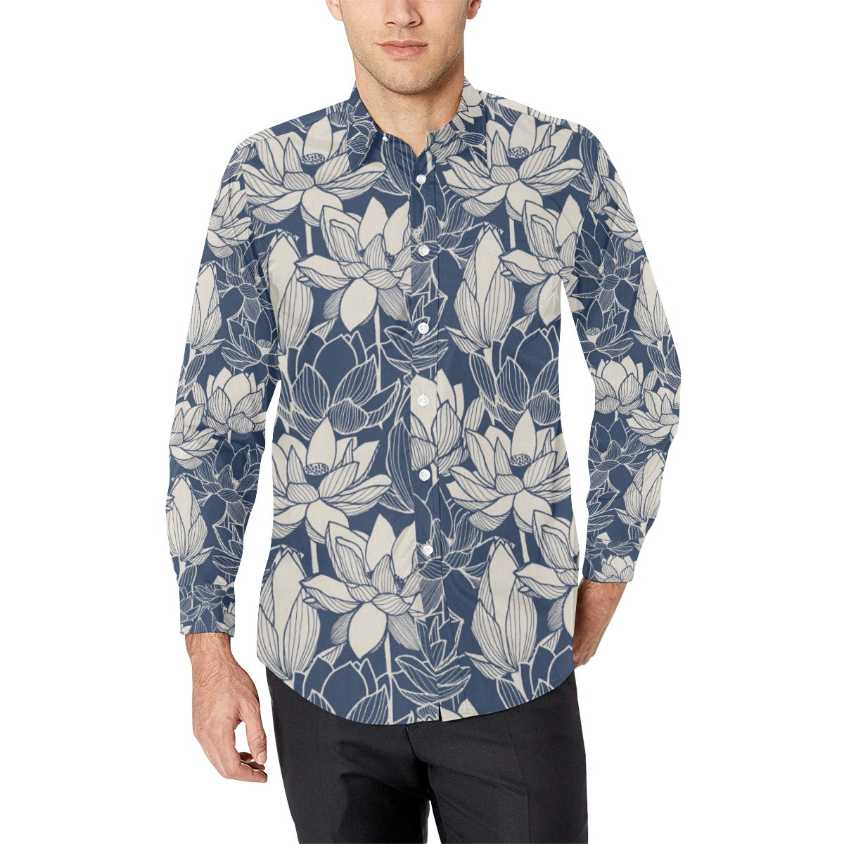 Water Lily Pattern Print Design WL04 Men's Long Sleeve Shirt