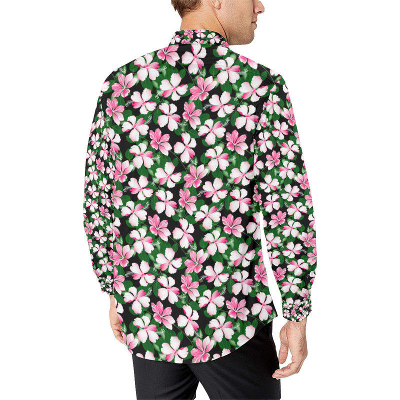 Hibiscus Pink Flower Hawaiian Print Men's Long Sleeve Shirt