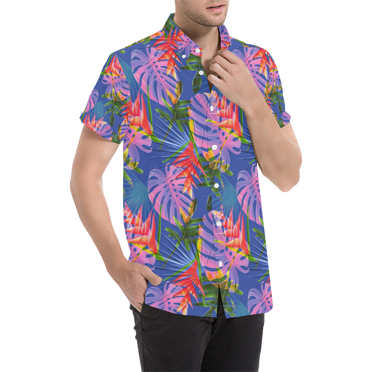 Tropical Flower Pattern Print Design TF025 Men's Short Sleeve Button Up Shirt