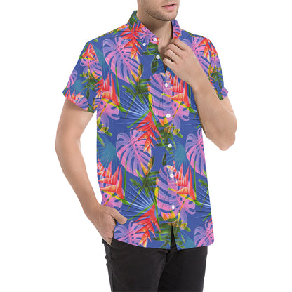 Tropical Flower Pattern Print Design TF025 Men's Short Sleeve Button Up Shirt