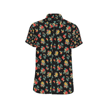 Hawaiian Flower Themed Print Men's Short Sleeve Button Up Shirt