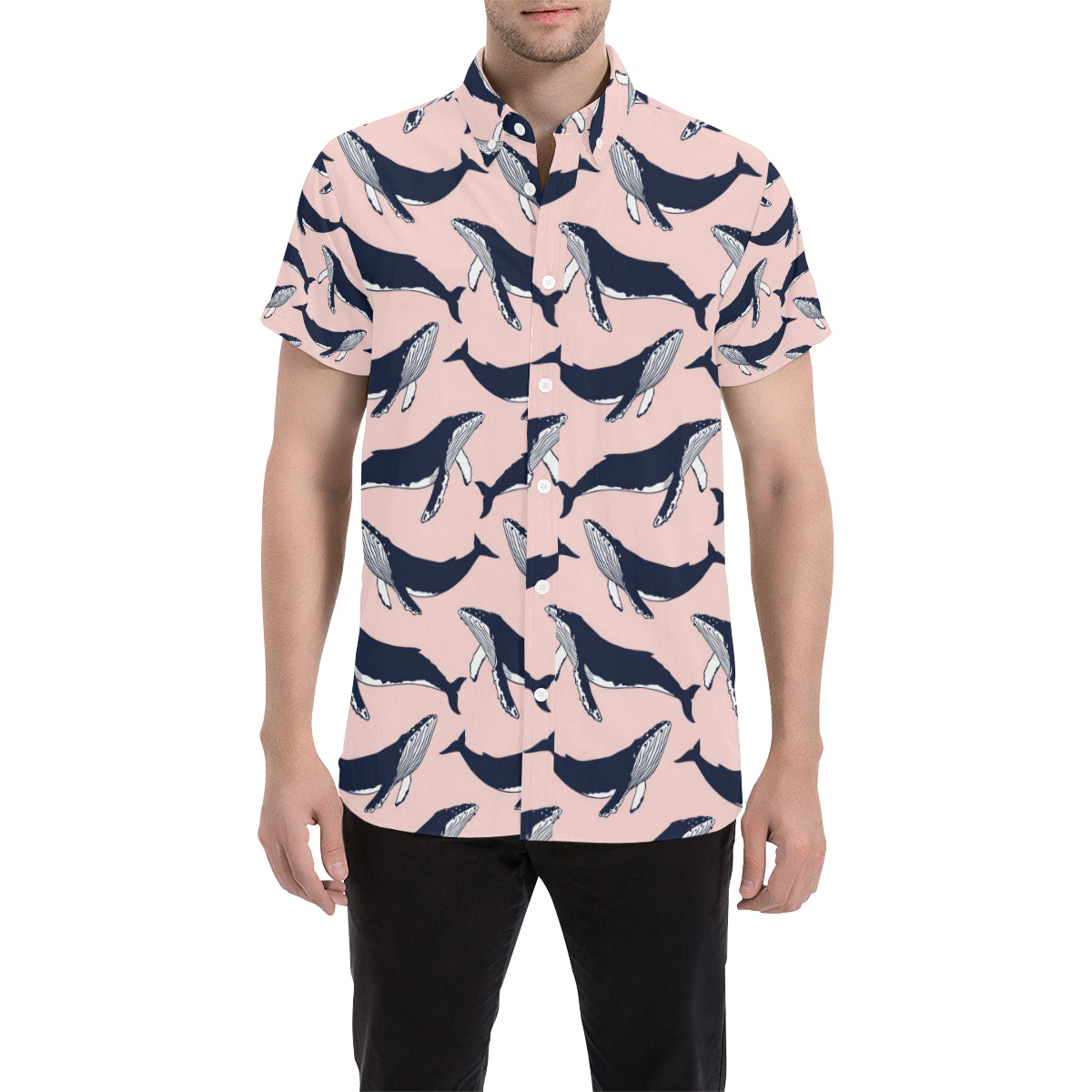 Humpback Whale Pattern Print Design 02 Men's Short Sleeve Button Up Shirt