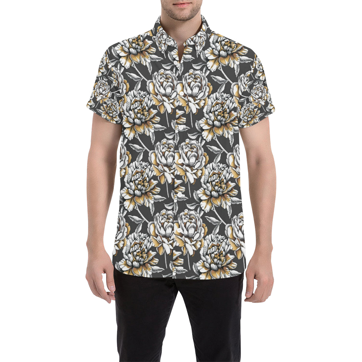 Peony Pattern Print Design PE06 Men's Short Sleeve Button Up Shirt