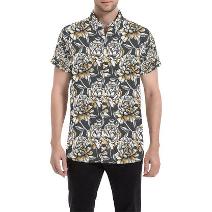 Peony Pattern Print Design PE06 Men's Short Sleeve Button Up Shirt