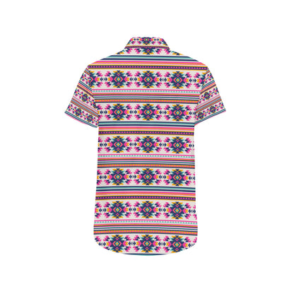Indian Navajo Neon Themed Design Print Men's Short Sleeve Button Up Shirt