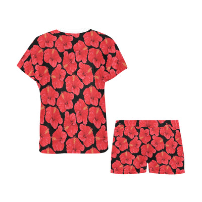 Hibiscus Red Pattern Print Design LKS306 Women's Short Pajama Set