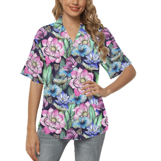 Water Lily Pattern Print Design WL07 Women's Hawaiian Shirt